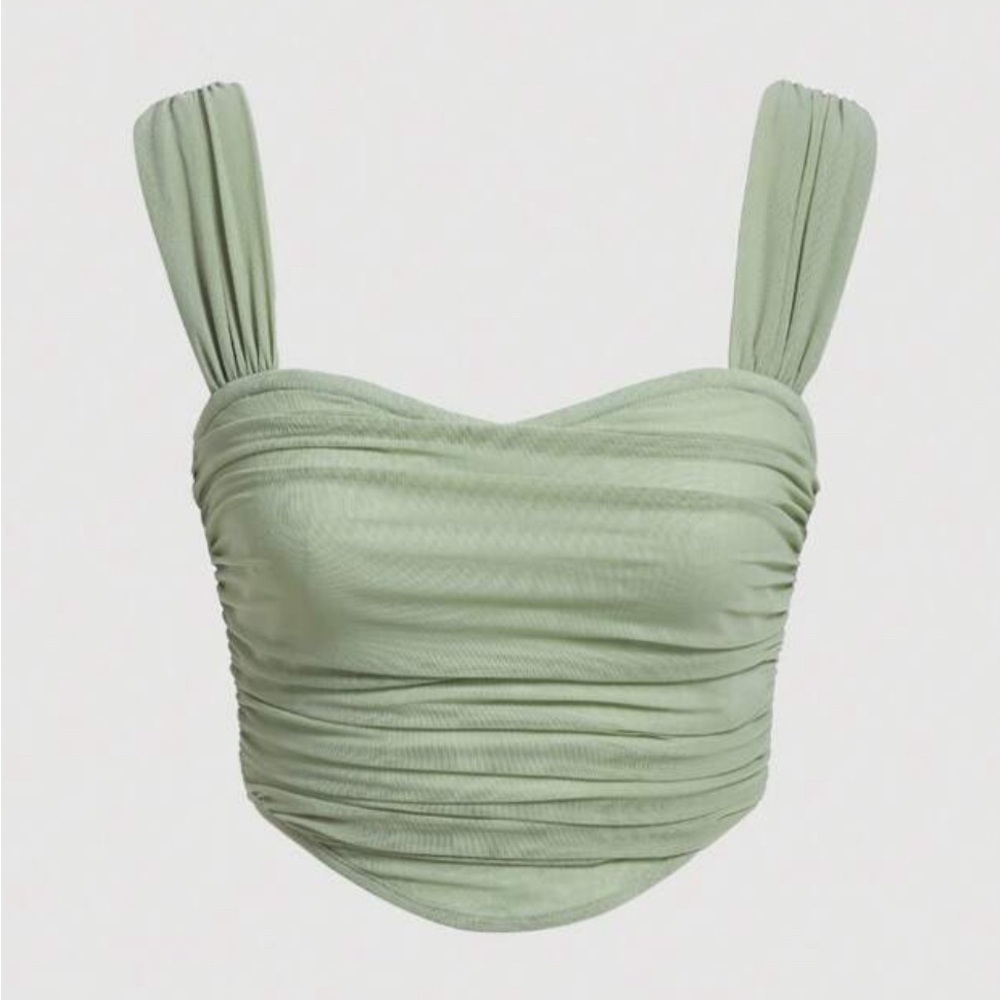 SHEIN pale green ruched mesh wide strap sweetheart neck tank top size L large